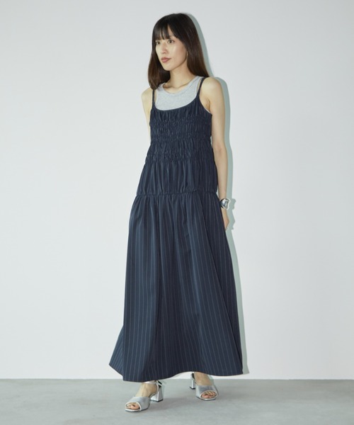 【I AM MARI】スモーク シャーリング ロング ワンピース 全2色 Aunt Marie's ワンピース シャーリングロングキャミワンピース