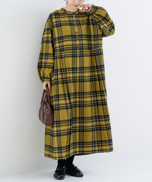 【2025AW新商品】起毛チェックプリーツワンピース＊イエローチェック ワンピース 「refinedworks」 オリジナル起毛チェックのプリーツ