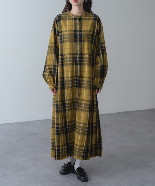 ⭐️黄色黒ワンピース2837 ワンピース 「refinedworks」 オリジナル起毛チェックのプリーツ