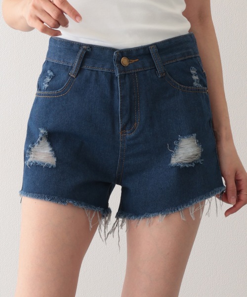 d.i.a　ラメ入りダメージデニムショートパンツNAVY　24インチ Lace Ladies（レースレディース） ジーンズ デニム デニムパンツ