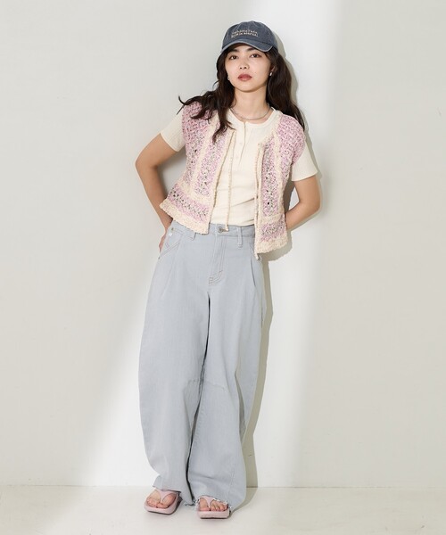 ベスト ジレ 柄編みミックスデザインニットベスト レディース FREAK'S STORE ベスト ジレ ミックス柄編みボーダーベスト