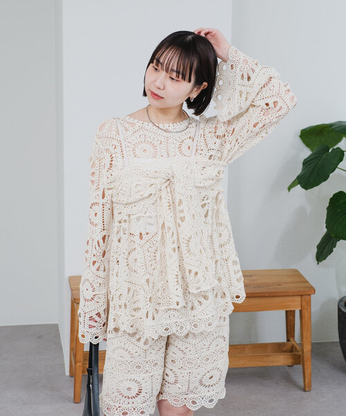 mystic クロシェトップス&ビスチェセット　アイボリー　さおぴ mystic ブラウス シャツ クロシェトップス＆ ビスチェSET