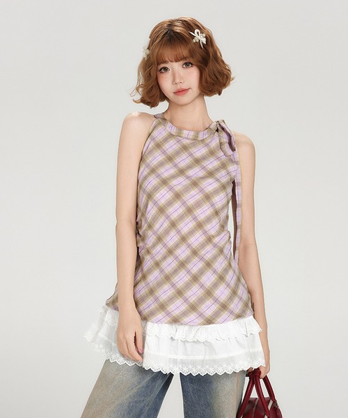 tシャツ ホルターネック チェック柄 フリルヘムトップス GH25s065「Girlyhalo」 レディース