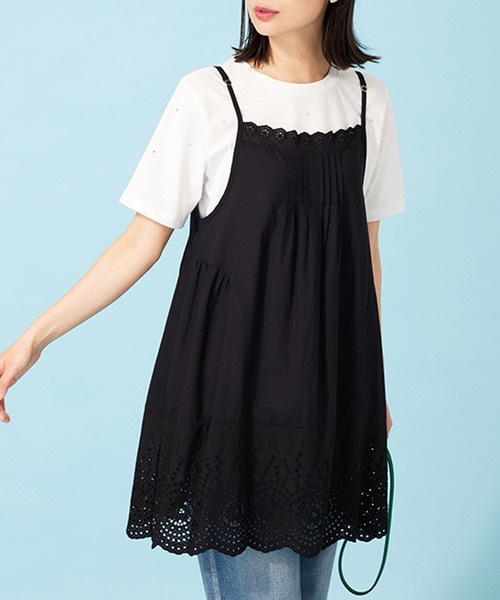 【美品】 スローブイエナ インド綿 ドット刺繍キャミソール　チュニック 近年 黒 BELLUNA PLUS（ベルーナプラス） チュニック 刺しゅう使いキャミ