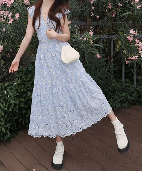 Lace Ladies（レースレディース） ワンピース 配色 刺繍 Vネック