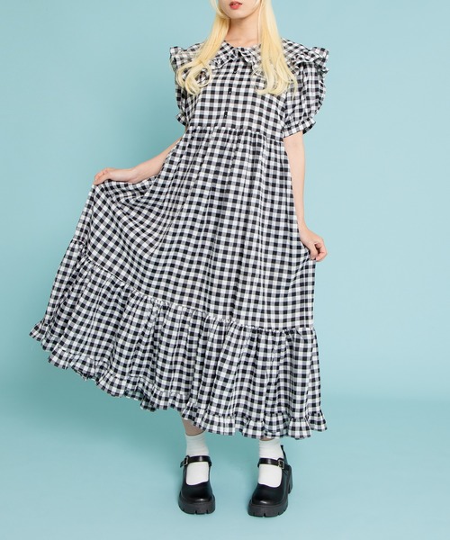 美品！familiar ギンガムチェック フリル袖ワンピース PUNYUS（プニュズ） ワンピース ギンガムチェックフリルワンピース