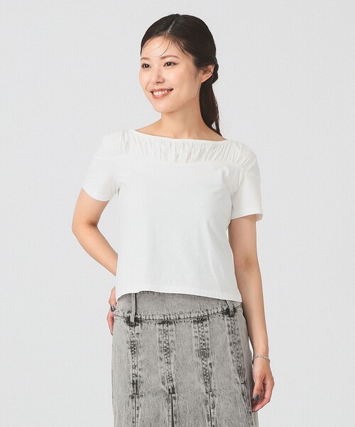 tシャツ ギャザー ヨーク ボートネック トップス レディース