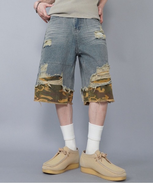 SPINNS（スピンズ） ハーフパンツ ジーンズ ダメージ加工デニムハーフ