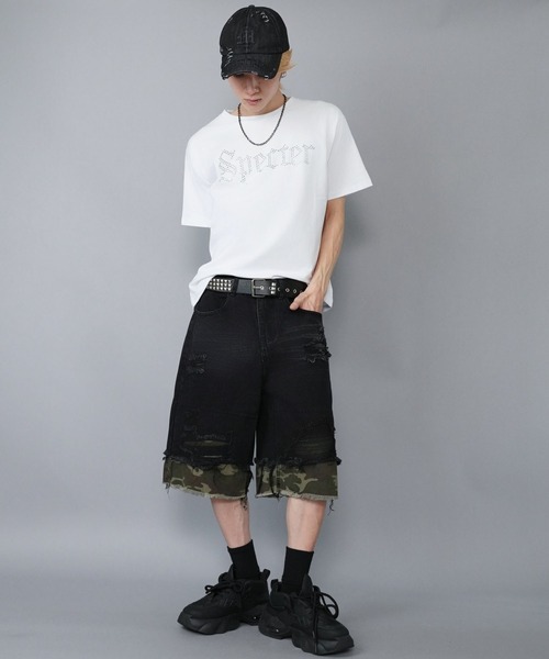 SPINNS（スピンズ） ハーフパンツ ジーンズ ダメージ加工デニムハーフ