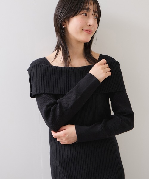 NOWOS リブニット　美品 VIS（ビス） ワンピース アシメオフショルリブニット美シルエット
