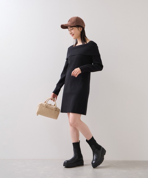 NOWOS リブニット　美品 VIS（ビス） ワンピース アシメオフショルリブニット美シルエット