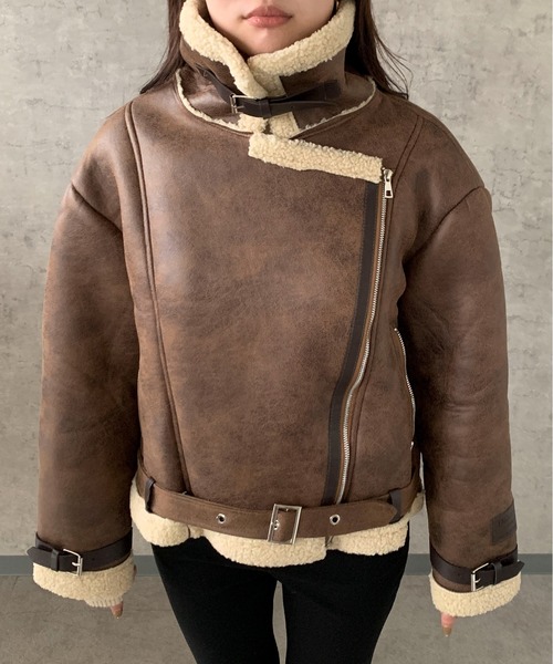 ぶんこ　ピーコート リアルムートン ピッグレザー スウェード 裏ボア Maison Calme ムートンコート ボアコート 「25年新作秋冬」ライダース