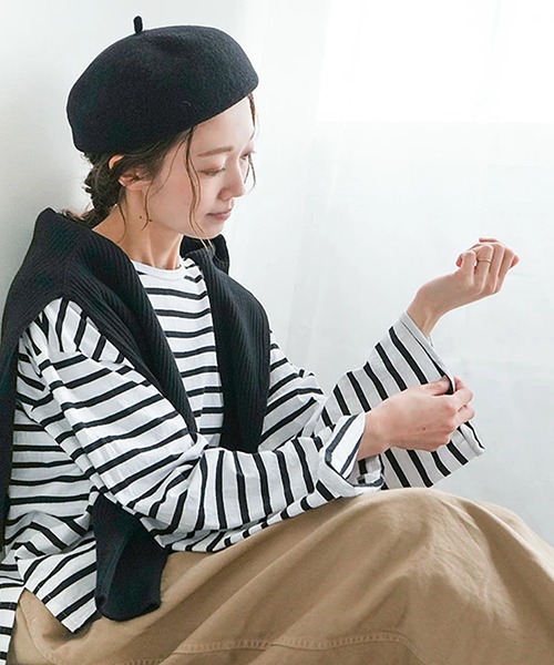 SOLAMONAT（ソラモナ） tシャツ パフ天竺ボーダー ワイドスリーブ ロン
