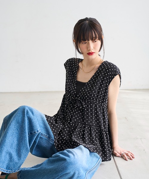 yori ♡ ドット　ティアード　ジレ　BLACK 黒　ベスト meilmada ベスト ジレ 夏 「追加」ドビードットティアードベスト
