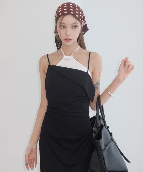 ワンピース BICOLOR DRAPE DRESS/バイカラードレープドレスの画像
