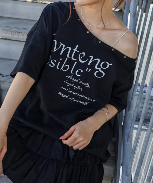 オッズオン 半袖カットソー オフショル 黒 SpRay（スプレイ） tシャツ 半袖 スタッズ付ロゴオフショルダー