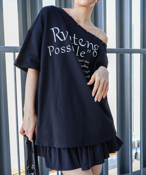オッズオン 半袖カットソー オフショル 黒 SpRay（スプレイ） tシャツ 半袖 スタッズ付ロゴオフショルダー