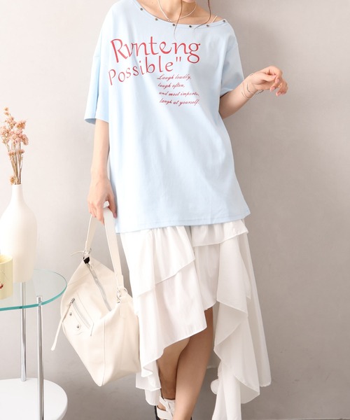 SpRay（スプレイ） tシャツ 半袖 スタッズ付ロゴオフショルダー