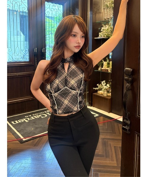 Darich ノースリーブ チェック柄 トップス Darich（ダーリッチ） バイアスチェックレースアメスリトップス