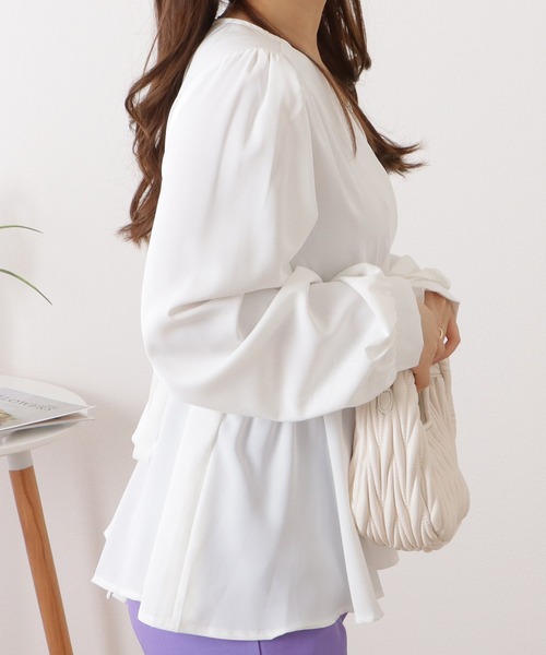 イレーヴ　カシュクールブラウス　レディース　0　白　長袖　シャツ　羽織り　アシメ Lace Ladies ブラウス シャツ カシュクールペプラムギャザー長袖