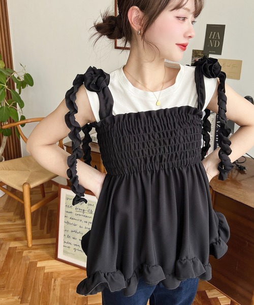 moment+ ベスト ジレ 肩フリルリボンシャーリングビスチェ レディース