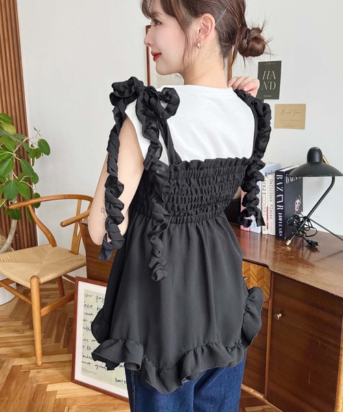 moment+ ベスト ジレ 肩フリルリボンシャーリングビスチェ レディース
