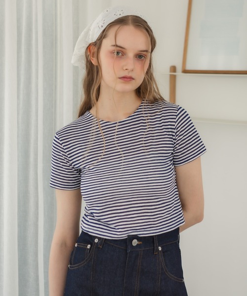 HEILIS（ヘイリス） tシャツ 半袖 シアーボーダーショート丈Tシャツ