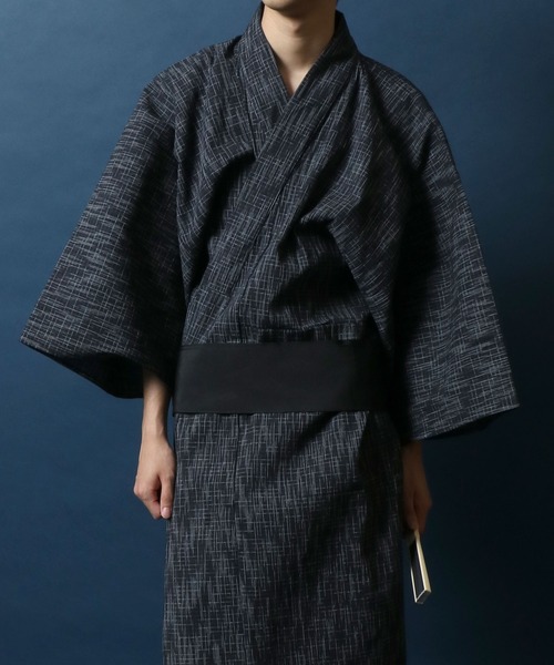 ゆかたむページ ANPAS 浴衣 YUKATA/しじら織り 4点セット 男性浴衣 帯 下駄 扇子