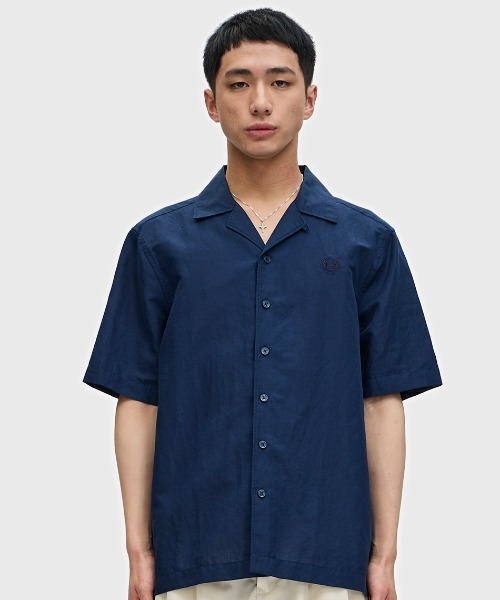 人気　FRED PERRY　フレッドペリー　オープンカラーシャツ　開襟　L FRED PERRY シャツ Linen Blend Revere Collar Shirt／リネン