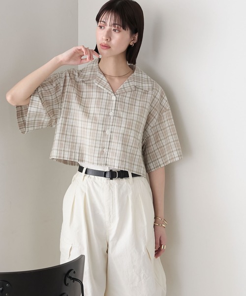 新品 バンドカラーブラウス マドラスチェック ハシゴレース 綿 ブルー フリー L】コットンリネン ブルーマドラスチェック フロントタックブ