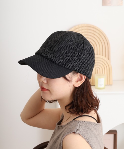 ベージュ キャンバスキャップ 黒バイザー付き Sense of Grace キャップ 帽子 ペーパークロシェ 布帛バイザー