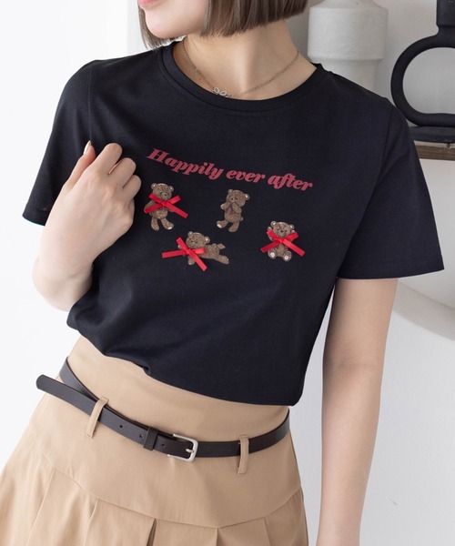 vintage bear クマ　tシャツ　　リボン clear クマプリントリボン付きTシャツ[CL9092] | レディース