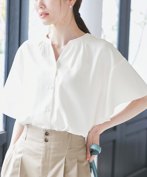 ブラウス シャツ リネン フレンチスリーブ スキッパー シャツ レディース ROPE' PICNIC ブラウス シャツ フレンチスキッパーブラウス