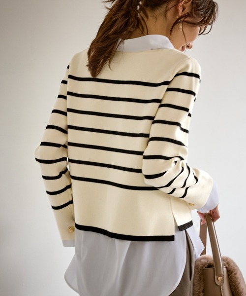 ROPE ロペ (M) コットン100% 総柄 リブ ニットシャツ レディース ROPÉ PICNIC(ロペピクニック) / レイヤード風リブポロニット (トップス