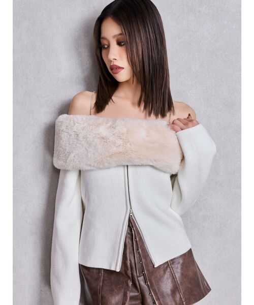 GYDA（ジェイダ） ニット セーター エコファーオフショルチェーンbijou