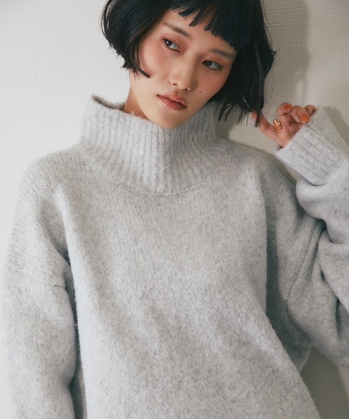ニット セーター ウール混オーバーサイズタートルニット レディース