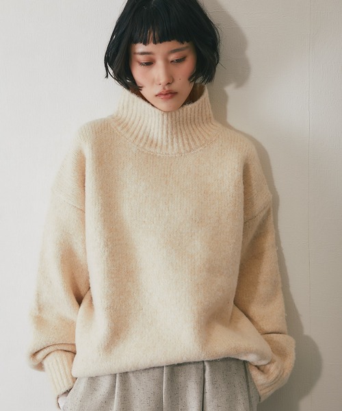 ニット セーター ウール混オーバーサイズタートルニット レディース