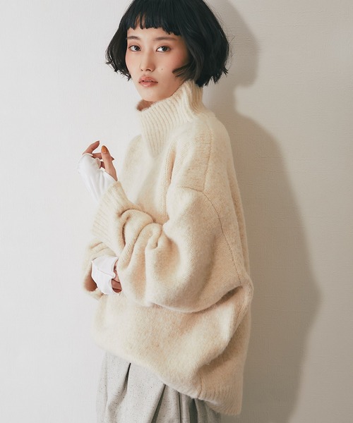 ニット セーター ウール混オーバーサイズタートルニット レディース