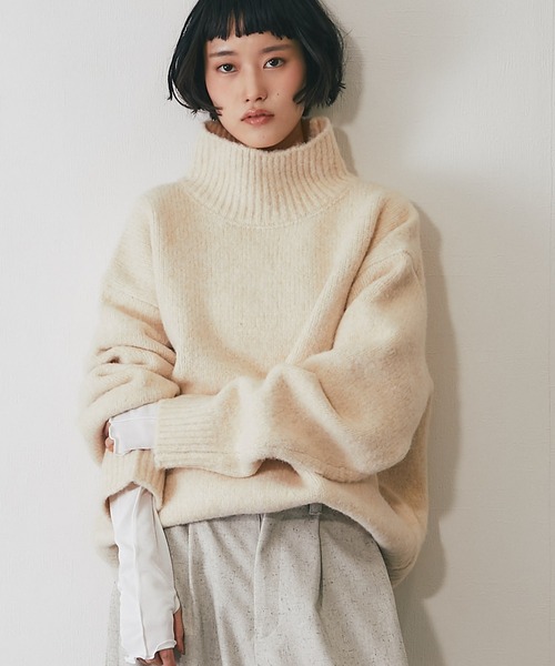 ニット セーター ウール混オーバーサイズタートルニット レディース