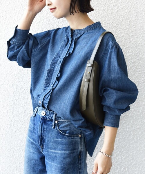 SHIPS WOMEN ライトオンス フリルデニムシャツ SHIPS（シップス） ブラウス シャツ 「洗濯機可能」ライトオンス