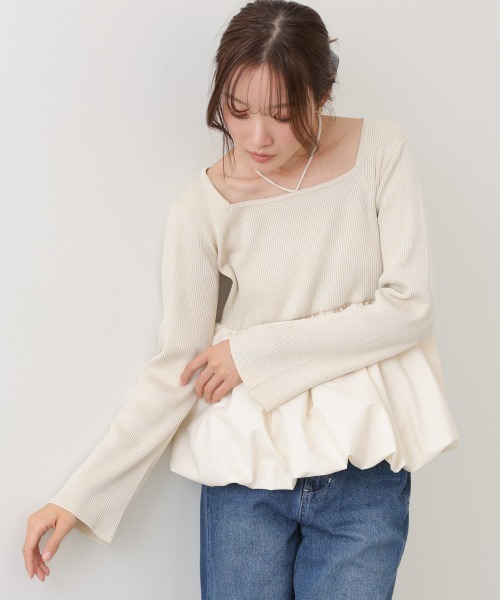 BAB（バブ） tシャツ リボンネックペプラムバルーンニットトップス 