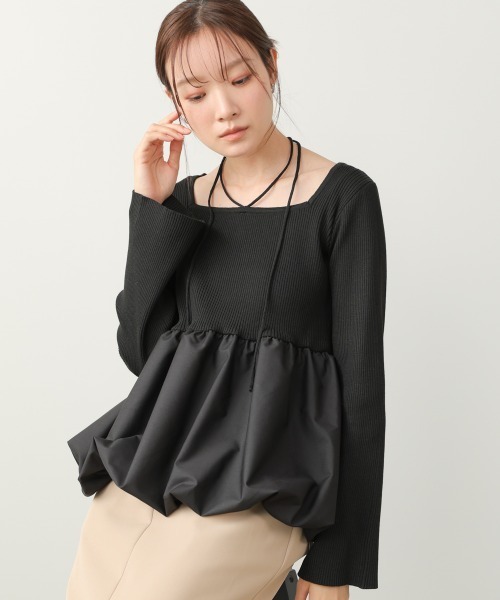 clane 2way bab tops バブトップス ブラック BAB（バブ） tシャツ リボンネックペプラムバルーンニットトップス