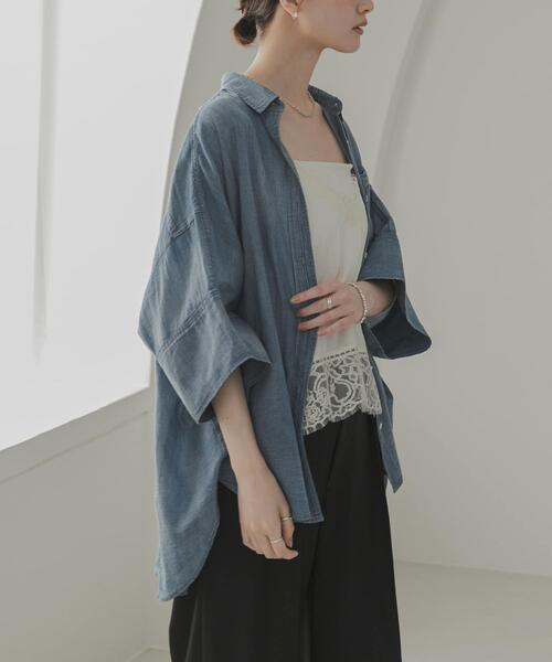 ブラウス シャツ ハーフスリーブシアーデニムシャツ レディースの画像
