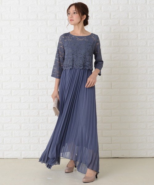 Lace Ladies ドレス レース七分袖プリーツデザインロング