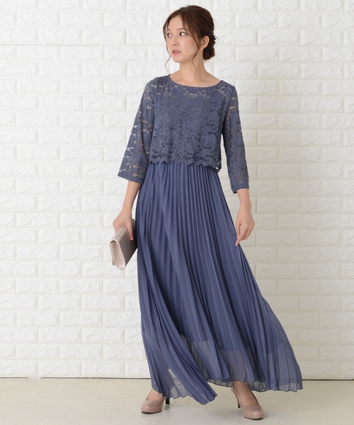【4色】☆七分袖☆プリーツ ロング丈 ワンピ パーティ ドレス Lace Ladies ドレス レース七分袖プリーツデザインロング