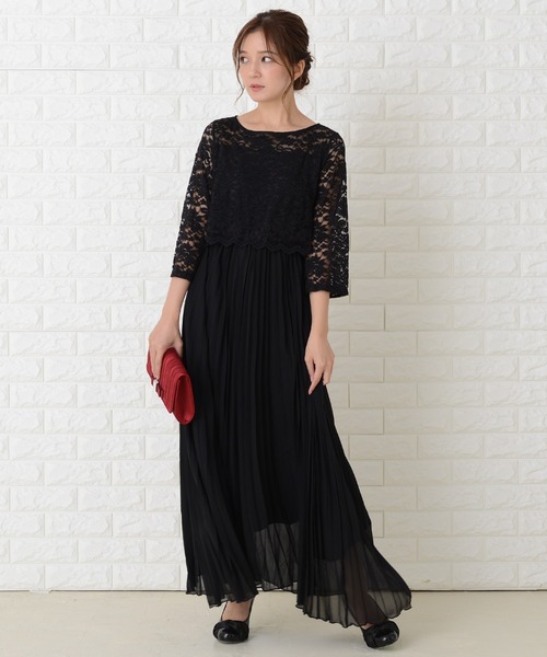 ヴィンテージ レース サテン プリーツ ロングワンピース GIRL DRESS FOR NOW ドレス 刺繍レース切替え5分袖 プリーツ