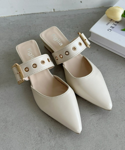 Loueme パンプス ミュール ポインテッドトゥ太ベルトミュール