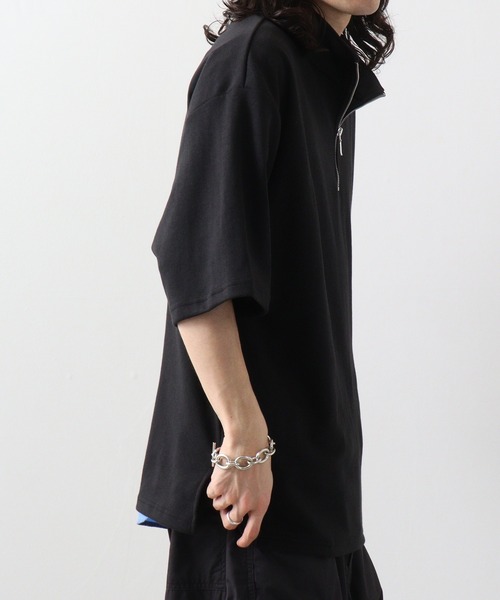 SUGGESTION tシャツ ハーフZIPスタンドポンチ半袖シャツ メンズ