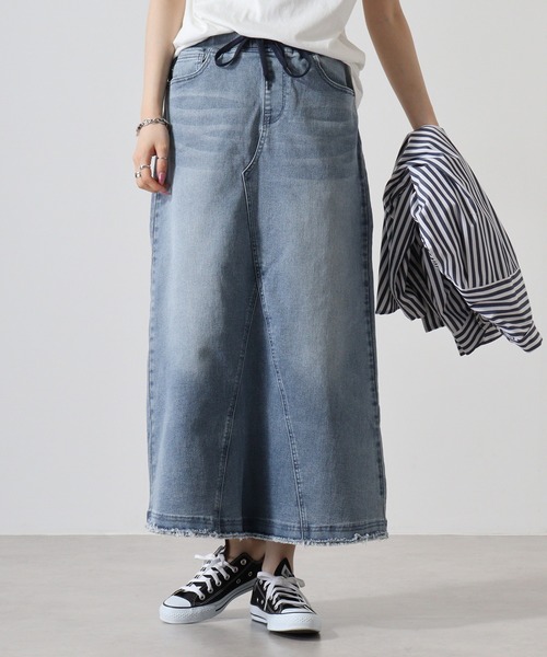 オレンジ！不規則重ねスカート☆レトロシャツ×デニム☆古着リメイク 220034 Vintage 90s Levis リメイクデニムロングスカート M〜L