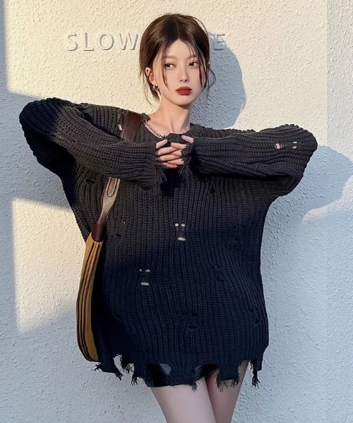 GEMEDA ニット セーター ダメージ加工ニットプルオーバー レディース